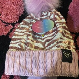 Justice Pink and White Zebra Sequin Beanie with Pom Pom